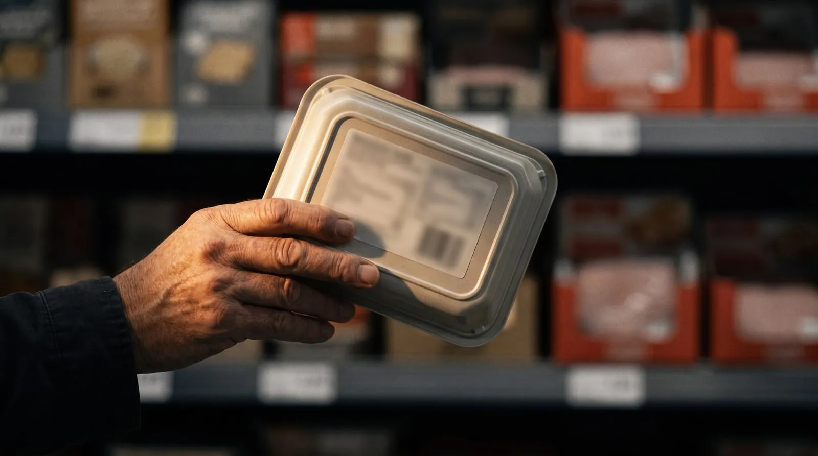 原材料表示が見える加工食品のパッケージを手に取り、裏面の表示を確かめている男性の手元とスーパーの棚
