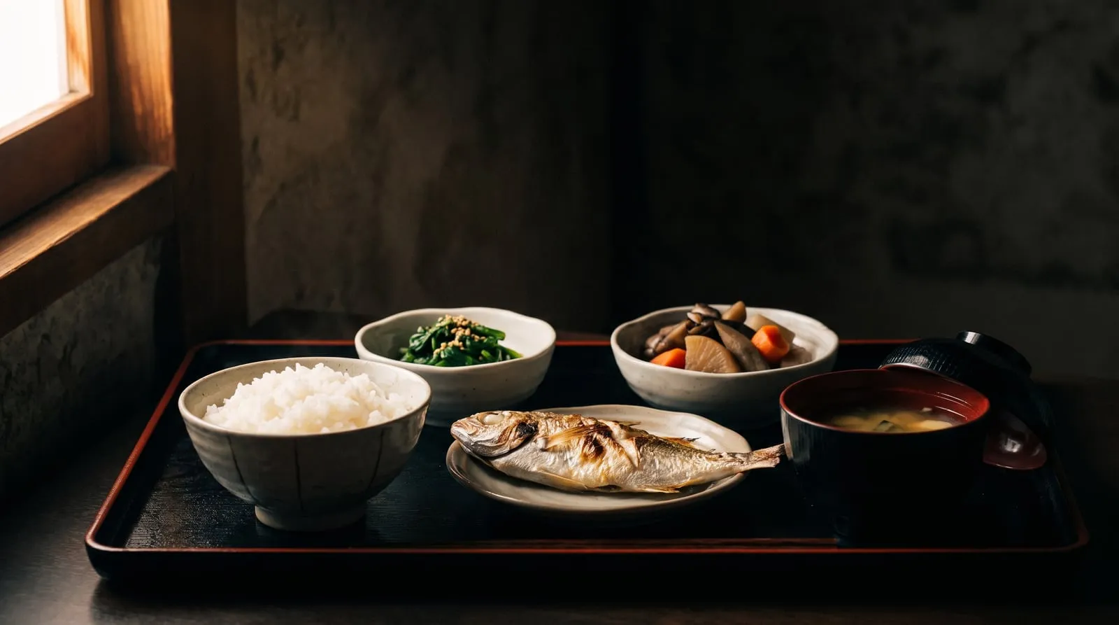 漆塗りのお膳に並ぶ白いご飯と焼いた白身魚、ほうれん草のおひたし、根菜の煮物、味噌汁の和定食