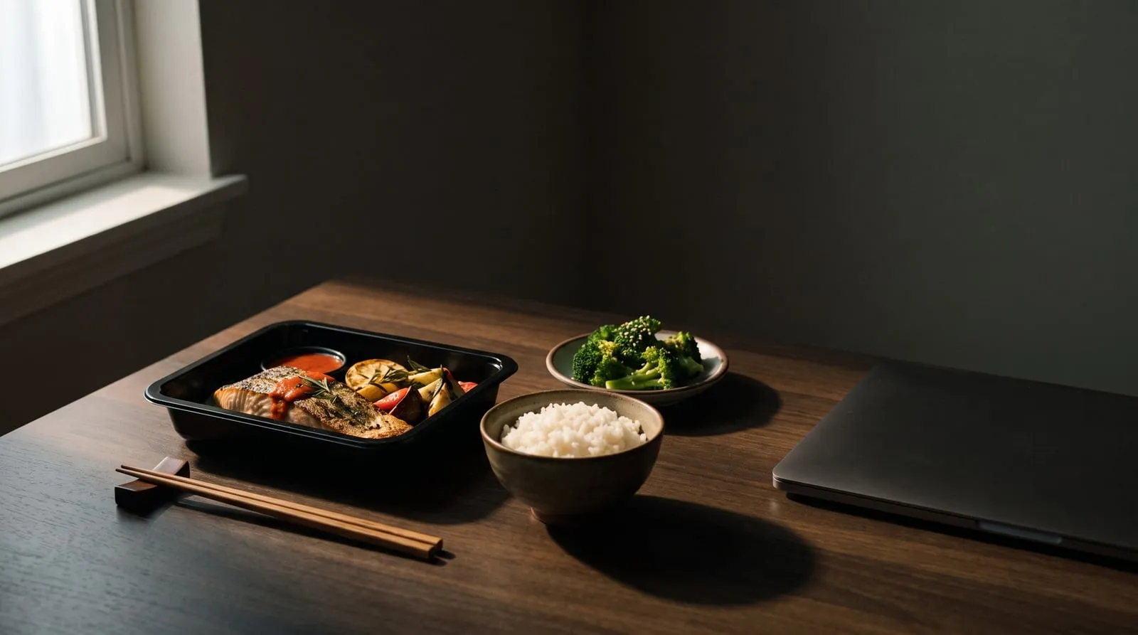 木の机に置いた電子レンジ用の弁当容器と茶碗一杯のご飯、ブロッコリーの小鉢、ノートパソコンの端が写る在宅勤務の昼食