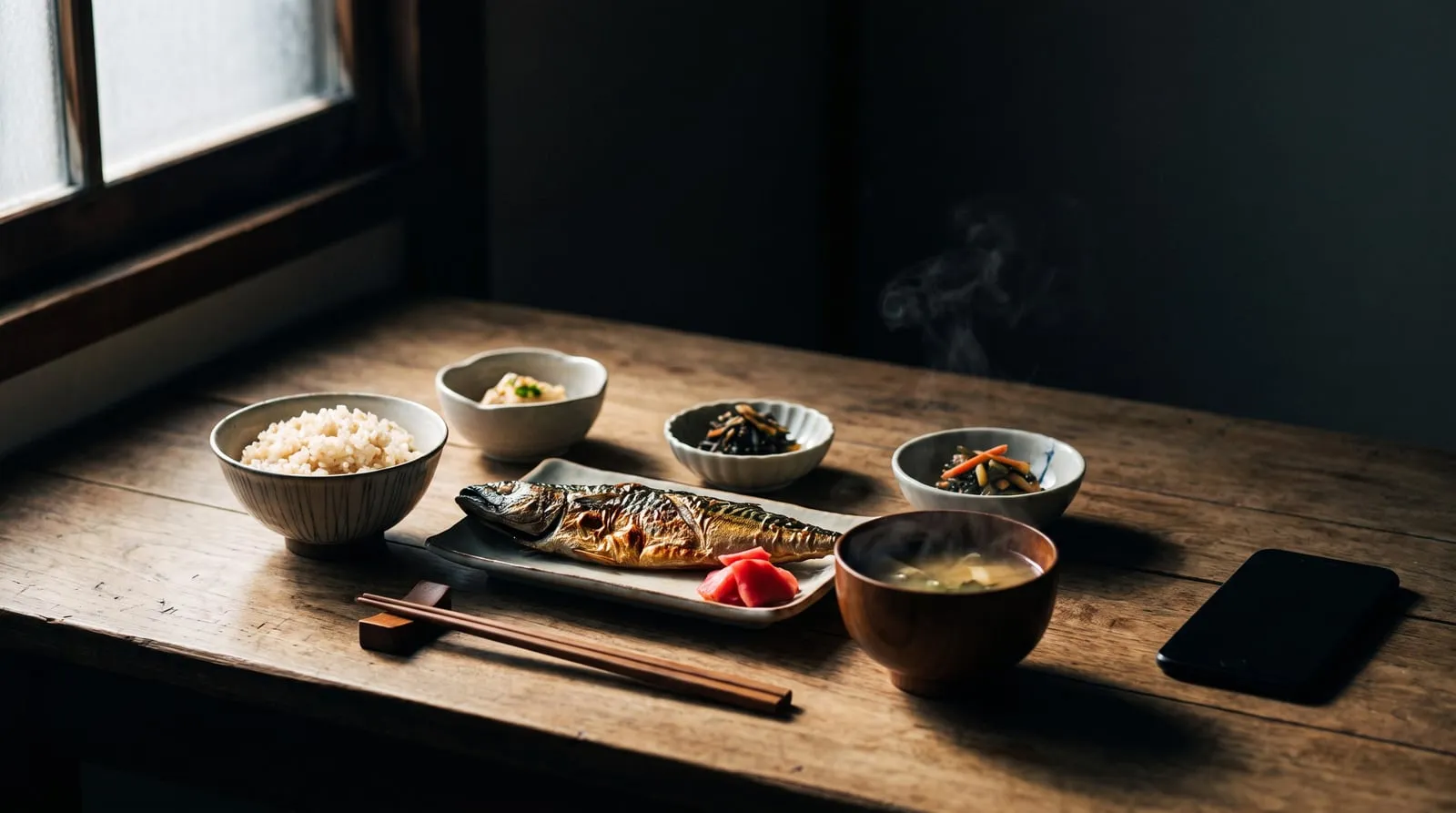 木のテーブルに置かれた焼き魚の和定食と箸置きに揃えた箸、その横に画面を伏せて置かれたスマートフォン